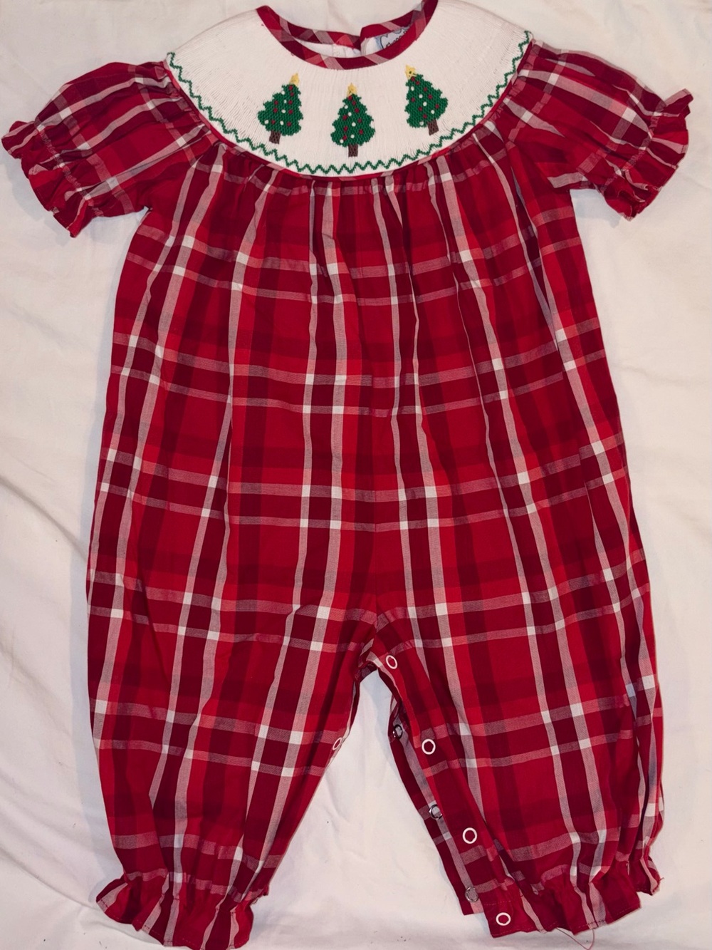 Three Sisters Smocked and Embroidered Red Plaid Rompet Sz 9 mo EUC